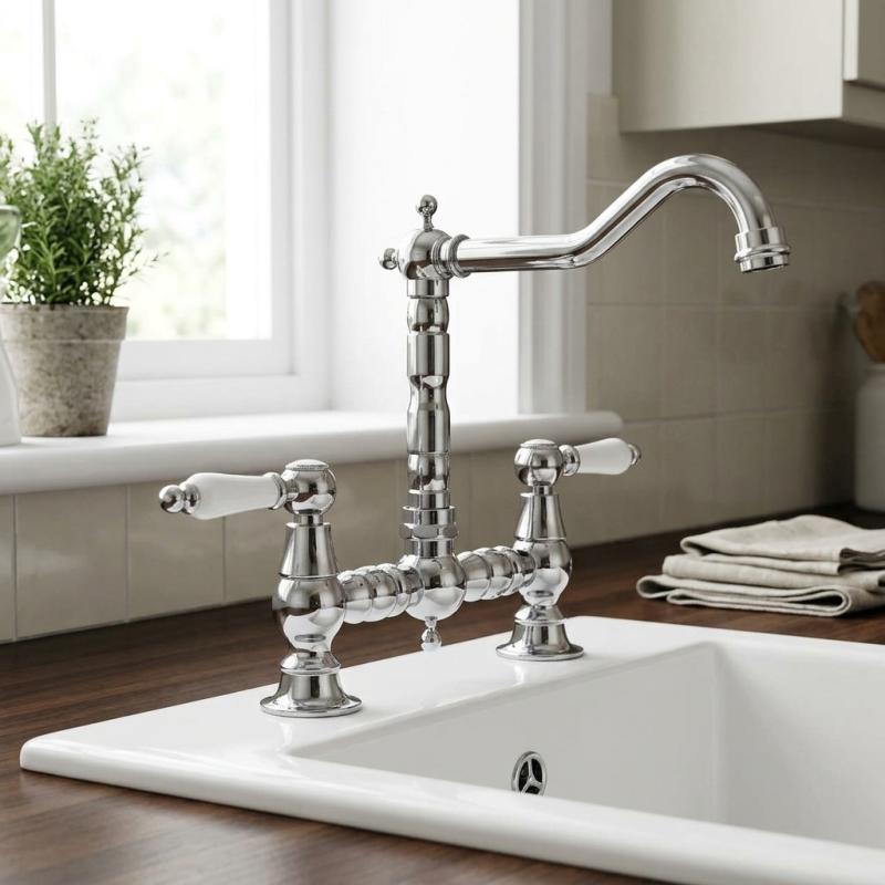 Aquanello Heritage Manor Klassieke Keuken Nostalgische Brug Keukenkraan Chroom met Witte Hendel CR-0010-HM